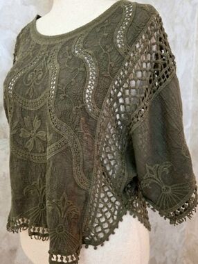 Ultra Pink Olive Green Embroidered Crochet Top | Boho Lace Cutwork Blouse